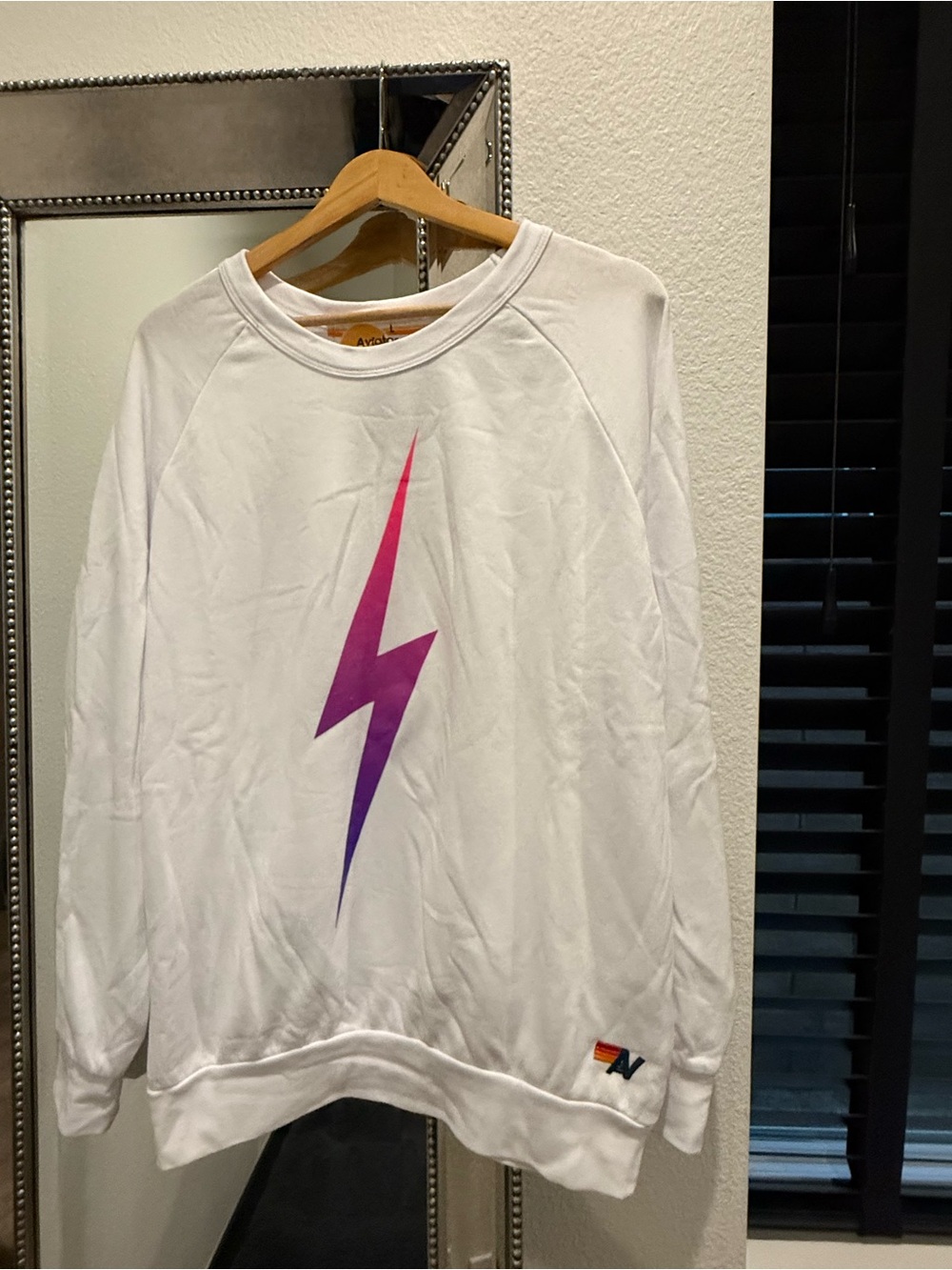 Aviator Nation Light Weight White Crewneck with Pink-to-Purple Lightning Bolt